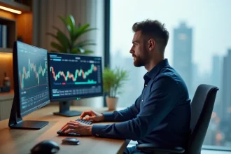 Homme professionnel analysant un tableau de bord financier Indiva System sur deux écrans dans un bureau moderne