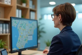 Employée municipale consultant le répertoire Finess sur un écran d'ordinateur dans une mairie