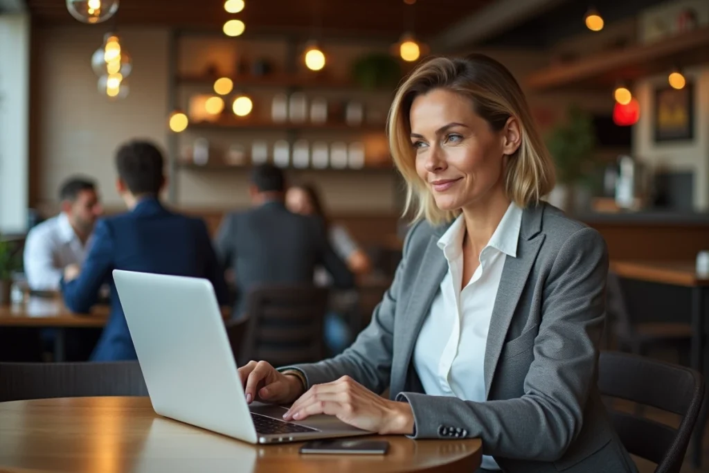Femme évaluant les performances du système Indiva sur un ordinateur portable dans un café moderne