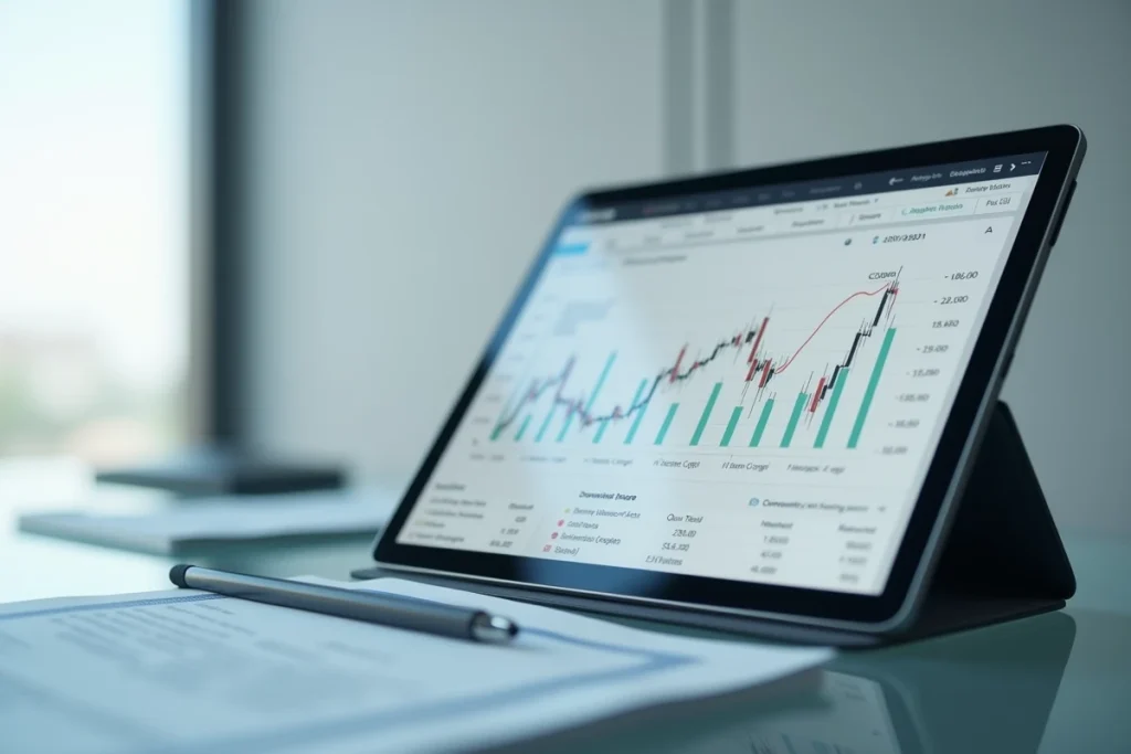 Tablette affichant une interface d'analyse financière Indiva System posée sur un bureau en verre dans un cadre corporate