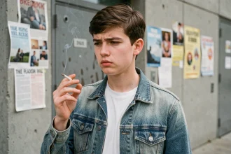 Adolescent tenant une cigarette devant un lycée urbain, illustrant les dangers du tabac chez les jeunes