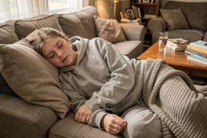 Adolescente fatiguée allongée sur un canapé avec un sweat gris, illustrant les symptômes de fatigue intense liés à la mononucléose