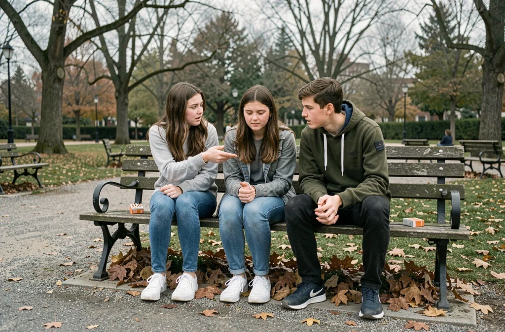 Groupe d'adolescents face à une situation de pression sociale liée au tabac dans un parc public