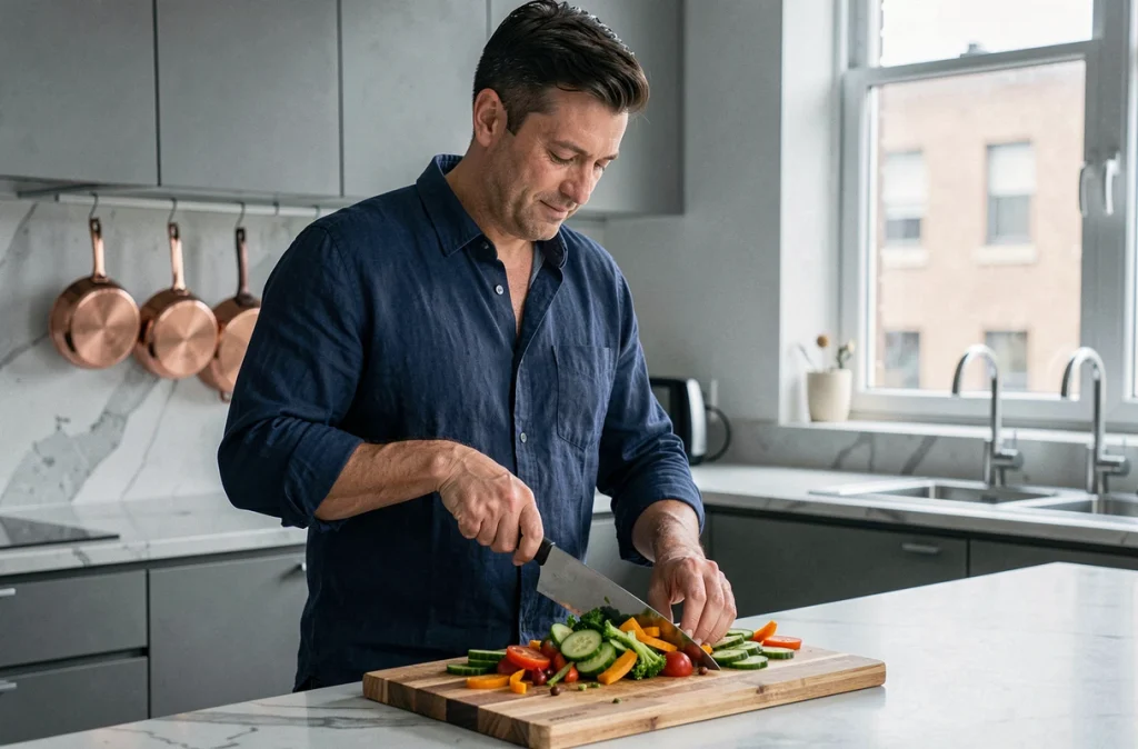 Homme préparant un repas sain en cuisine pour gérer le stress et éviter la prise de poids