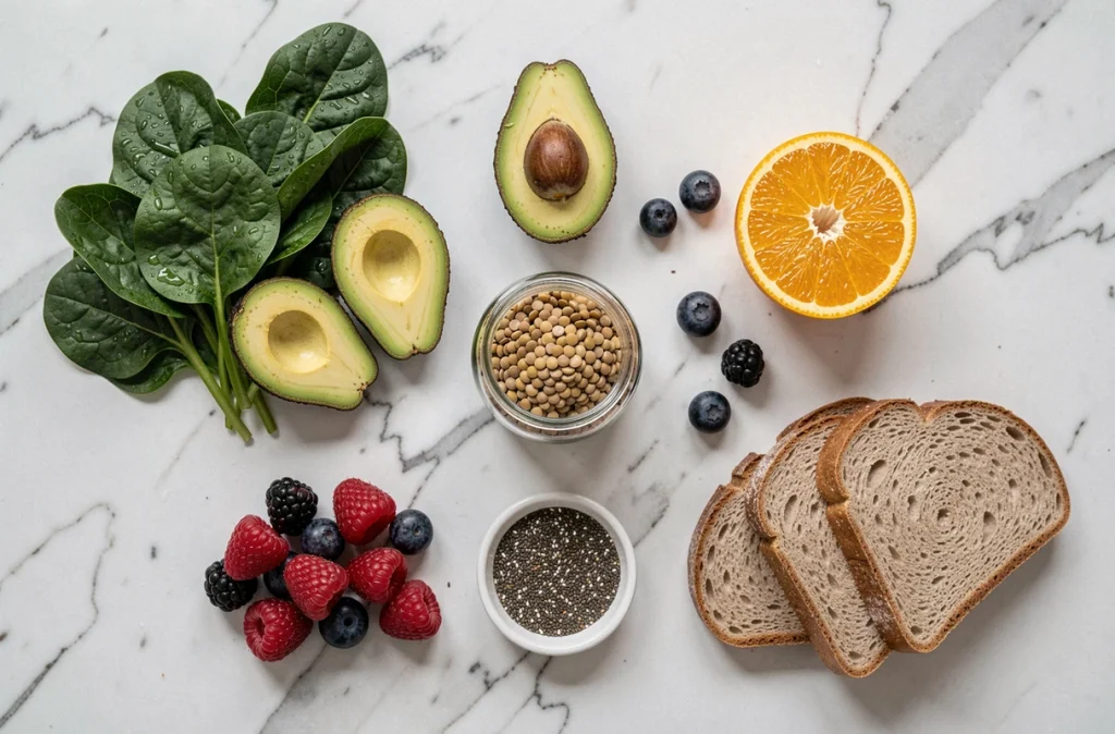 Assortiment d'aliments recommandés pendant la grossesse disposés sur un plan de travail en marbre