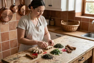 Femme arrangeant des aliments thermogéniques sur un comptoir en bois : gingembre, piments rouges, cannelle et thé vert