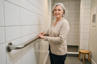 Une femme âgée utilise une barre d'appui dans une salle de bain aménagée pour prévenir les chutes