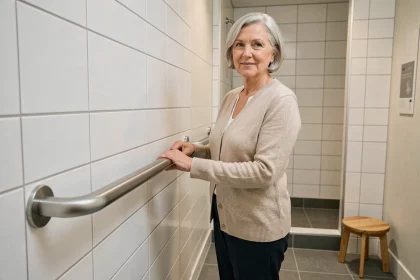 Une femme âgée utilise une barre d'appui dans une salle de bain aménagée pour prévenir les chutes