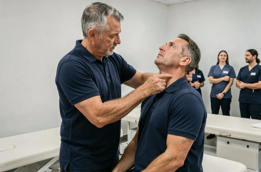 Ostéopathes en atelier pratique de formation continue avec technique de manipulation cervicale