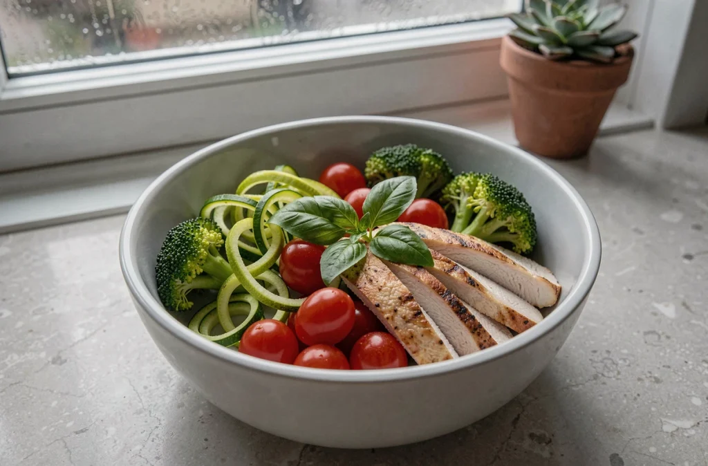 Bol repas express et peu calorique avec courgette spiralisée, tomates cerises, brocoli et poulet grillé sur un comptoir en pierre grise