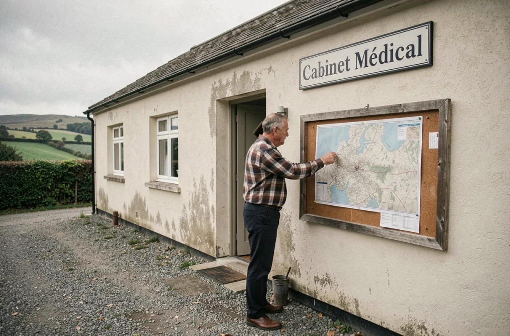 Médecin devant un cabinet médical rural examinant une carte de territoire en zone campagnarde