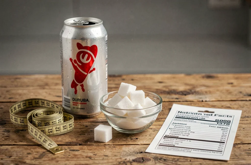 Gros plan sur une canette de boisson énergisante sucrée avec des morceaux de sucre et un ruban de mesure, illustrant l'impact des sucres sur la prise de poids