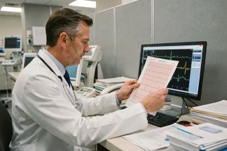 Cardiologue examinant un électrocardiogramme dans un service de cardiologie hospitalier en Europe