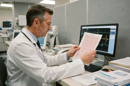 Cardiologue examinant un électrocardiogramme dans un service de cardiologie hospitalier en Europe