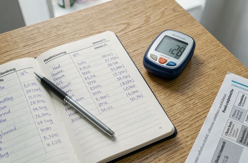 Gros plan sur un carnet de suivi glycémique ouvert avec colonnes mmol/L et g/L, un lecteur de glycémie et un stylo posés sur une table en bois clair