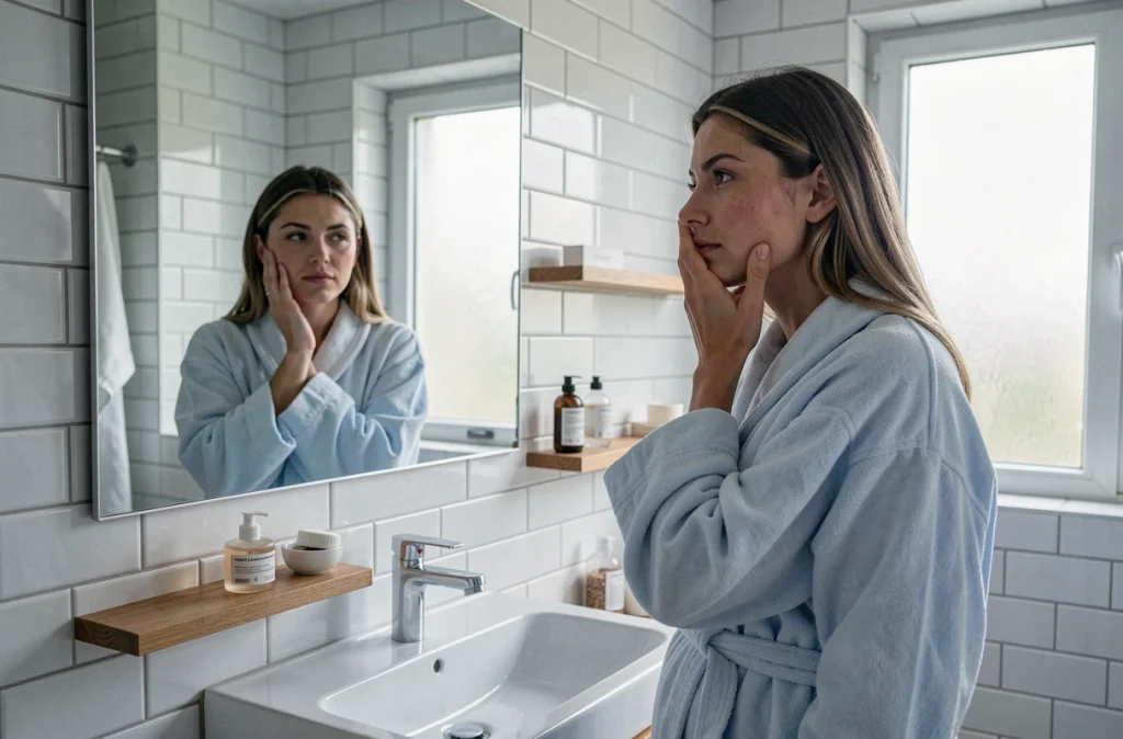 Femme enceinte au premier trimestre se regardant dans un miroir de salle de bain, expression pensive reflétant les changements hormonaux et émotionnels de la grossesse