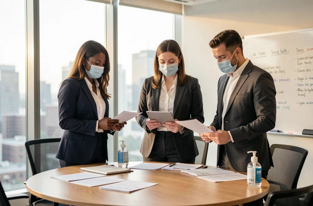 Groupe de collègues en salle de réunion avec masques, discutant de documents dans un bureau moderne adapté aux nouvelles mesures sanitaires Covid 2026