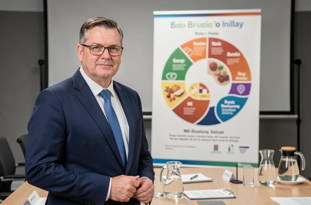Responsable de santé publique présentant les nouvelles recommandations alimentaires officielles lors d'une conférence de presse institutionnelle