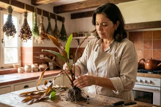 Femme préparant et taillant des racines de costus indien séchées dans une cuisine rustique pour en conserver la puissance