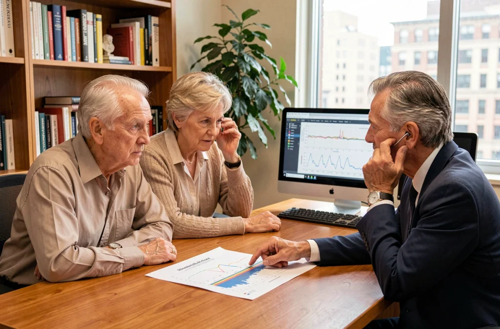 Couple de seniors consultant un spécialiste auditif pour analyser les résultats d'un audiogramme