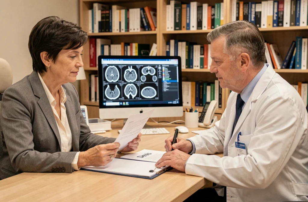Patiente et médecin oncologue discutant du devis et du prix d'un PET scan lors d'une consultation médicale