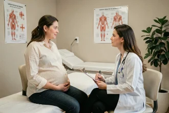 Femme enceinte en consultation prénatale avec sa gynécologue dans un cabinet médical moderne