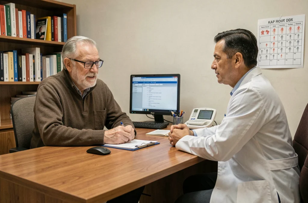 Médecin généraliste conseillant un patient senior masculin sur les vaccins recommandés