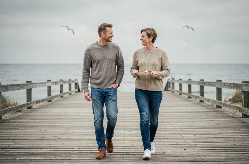 Couple marchant ensemble sur un boardwalk côtier après un repas, illustrant les bienfaits de la marche pour maigrir durablement