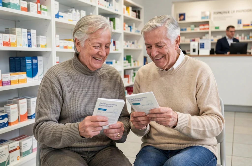 Couple de seniors consultant leur carnet de vaccination dans une pharmacie