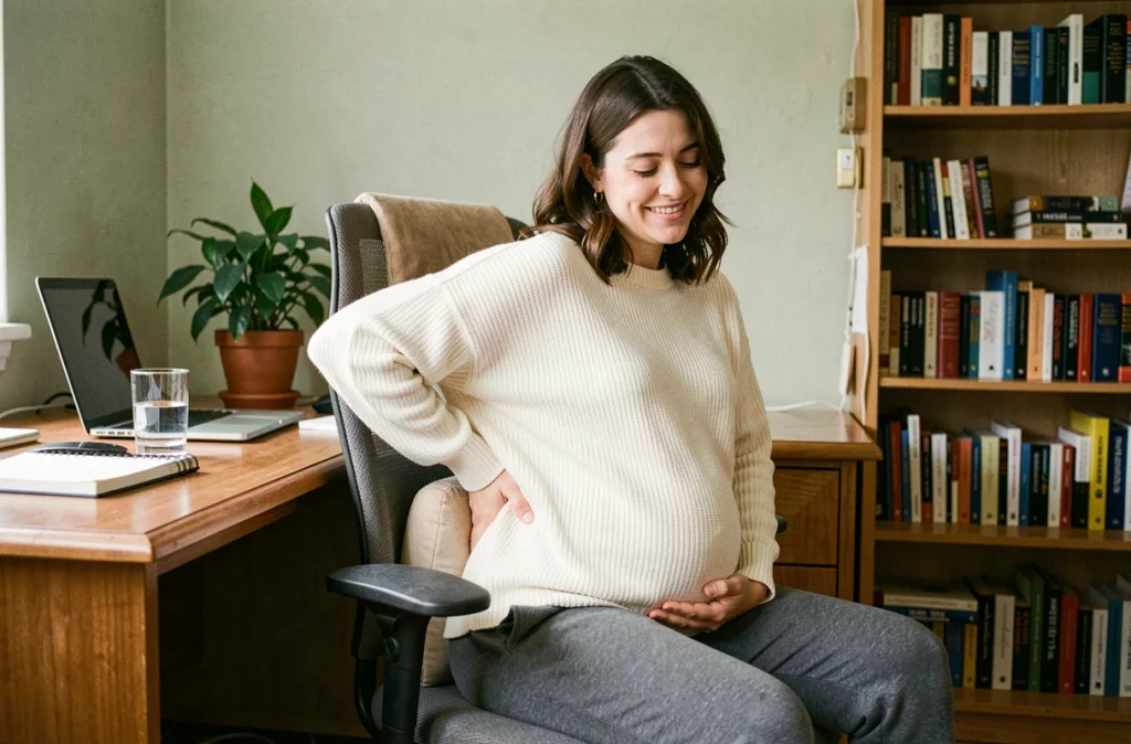 Femme enceinte installant un coussin lombaire sur sa chaise de bureau pour éviter les maux de dos