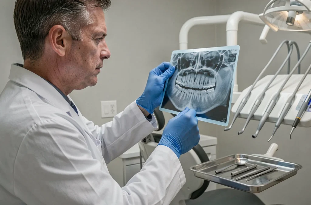 Dentiste examinant une radiographie de dent dévitalisée pour détecter une infection ou une fissure radiculaire