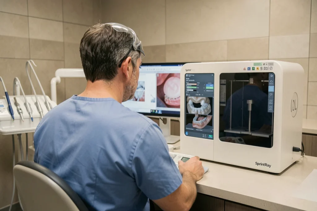 Dentiste comparant une empreinte numérique sur écran avec une imprimante 3D de cabinet pour prothèse dentaire