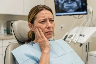 Femme ressentant une douleur dentaire après dévitalisation, assise dans un fauteuil dentaire moderne en appuyant sa joue