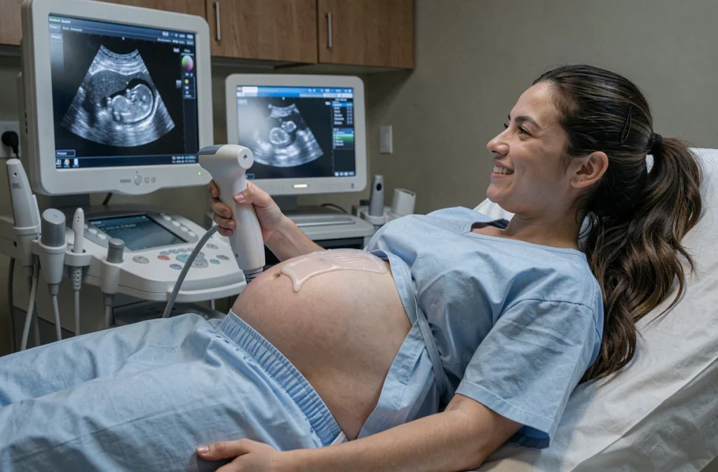 Échographie prénatale réalisée par une sage-femme sur une femme enceinte souriante dans une salle médicale