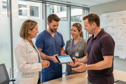 Équipe pluridisciplinaire de soins réunie autour d'une tablette numérique dans une salle de réunion hospitalière moderne