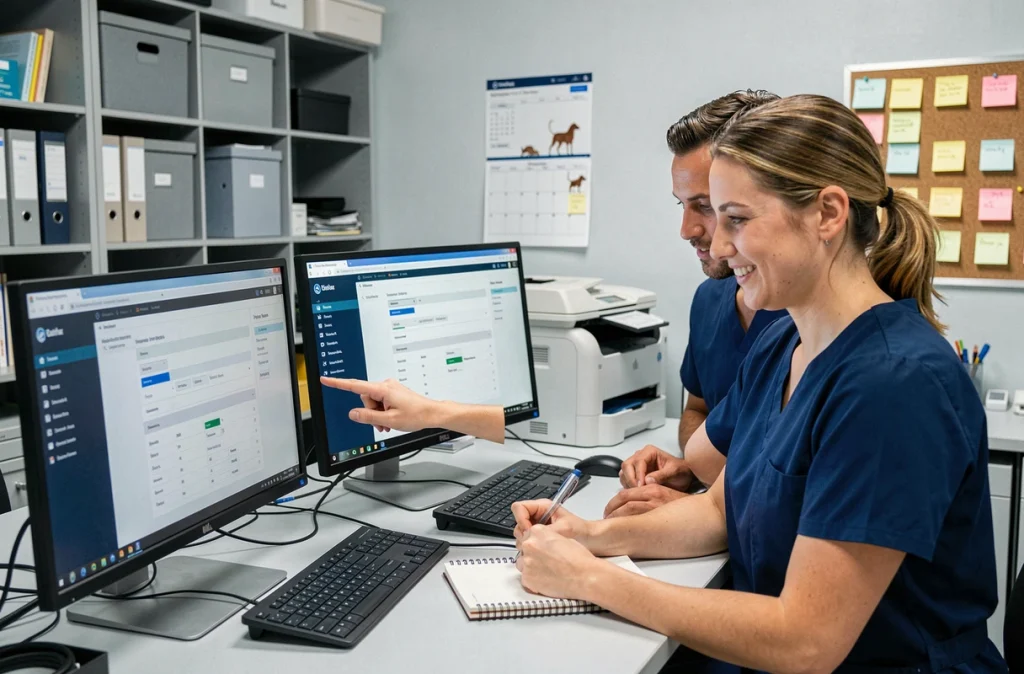 Équipe vétérinaire configurant ensemble le logiciel GmVet 2 dans le bureau d'une nouvelle clinique