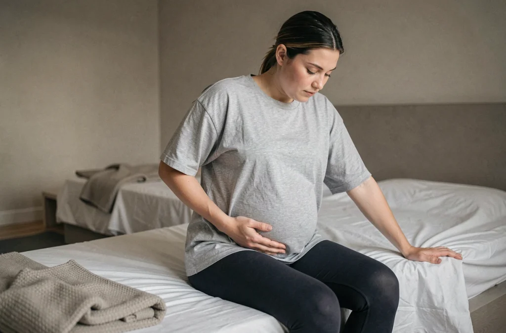Femme enceinte faisant des étirements doux avant de dormir assise au bord du lit
