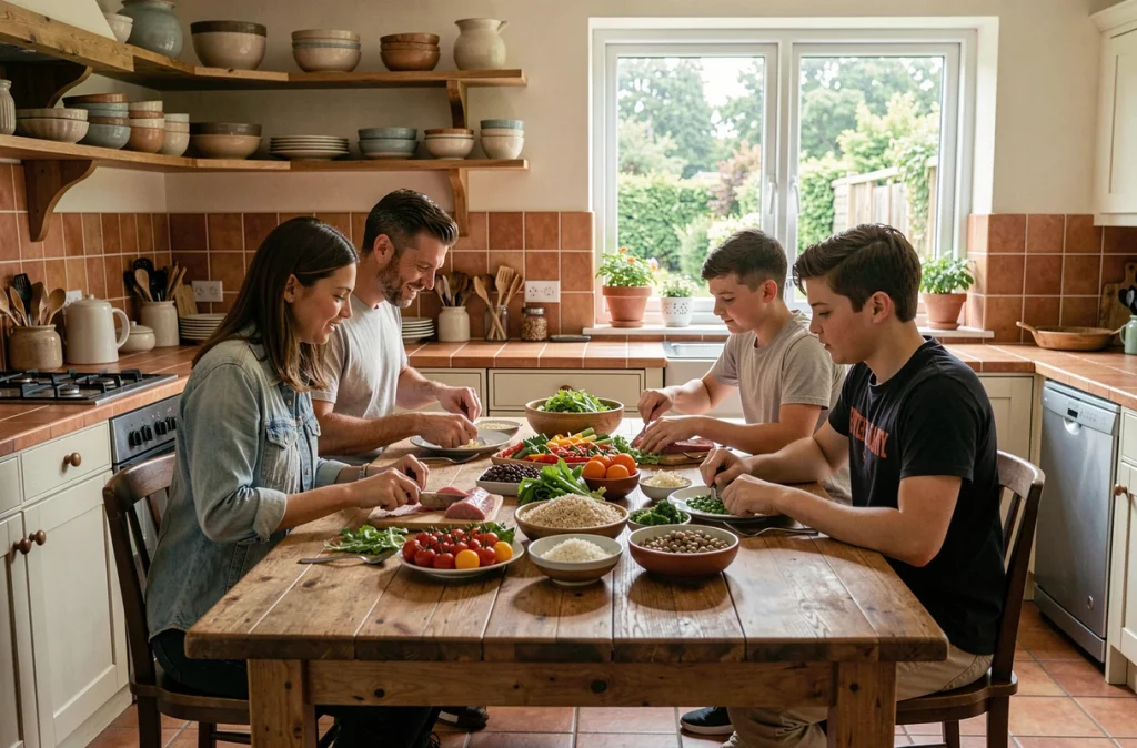 Famille préparant ensemble un repas équilibré conforme aux nouvelles recommandations nutritionnelles dans une cuisine familiale chaleureuse