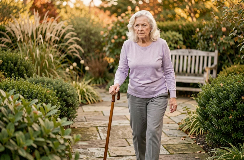Femme âgée utilisant une canne pour se déplacer dans un jardin, représentant l'impact de la sclérose en plaques sur la mobilité des seniors