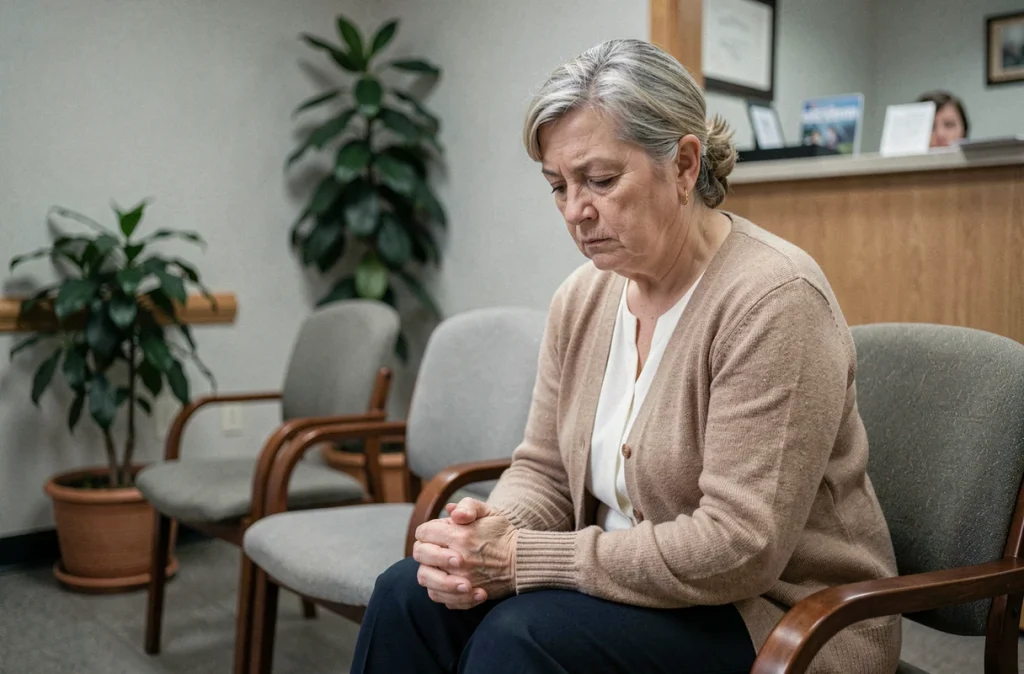 Femme âgée en salle d'attente médicale souffrant de fibromyalgie, regard pensif et mains crispées, ambiance documentaire