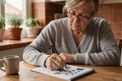 Une femme âgée concentrée sur des mots croisés à table pour exercer sa mémoire au quotidien