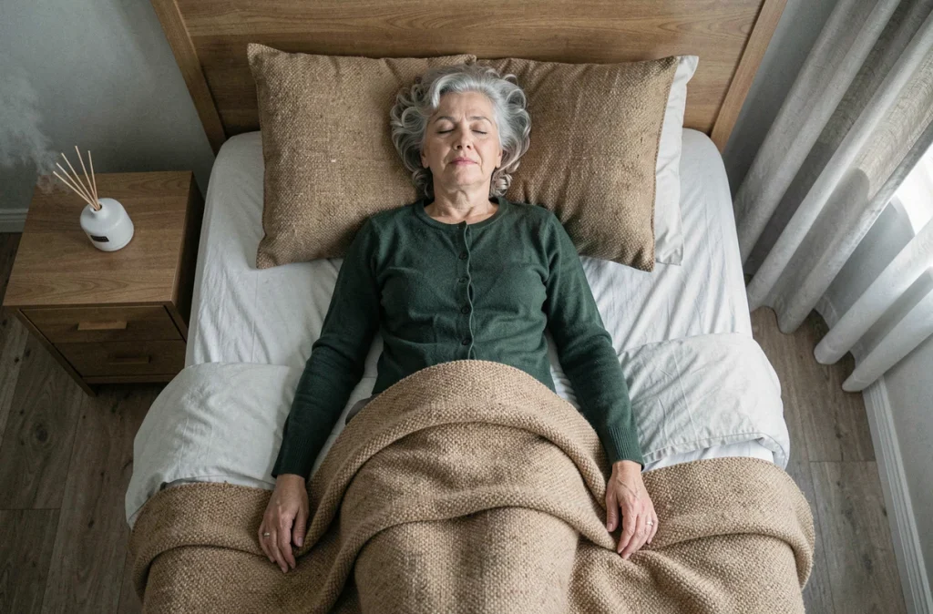 Femme senior endormie paisiblement dans son lit avec des couvertures naturelles symbolisant un sommeil de qualité après 70 ans