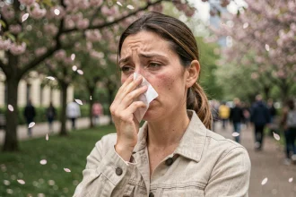 Femme souffrant d'allergie respiratoire au printemps dans un parc en fleurs, se mouchant avec un mouchoir en papier