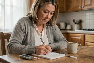 Femme notant ses valeurs glycémiques dans un carnet de suivi posé sur une table de cuisine en bois, avec un lecteur de glycémie à côté