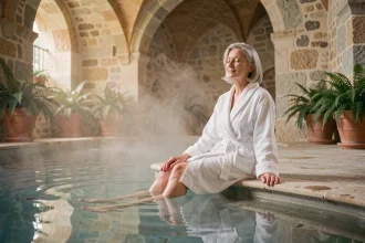 Femme en robe de bain se reposant au bord d'une piscine thermale en France, cure thermale pour douleur chronique et fatigue