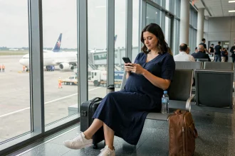 Femme enceinte assise dans un terminal d'aéroport consultant son téléphone avec une bouteille d'eau, illustrant les précautions de voyage pendant la grossesse