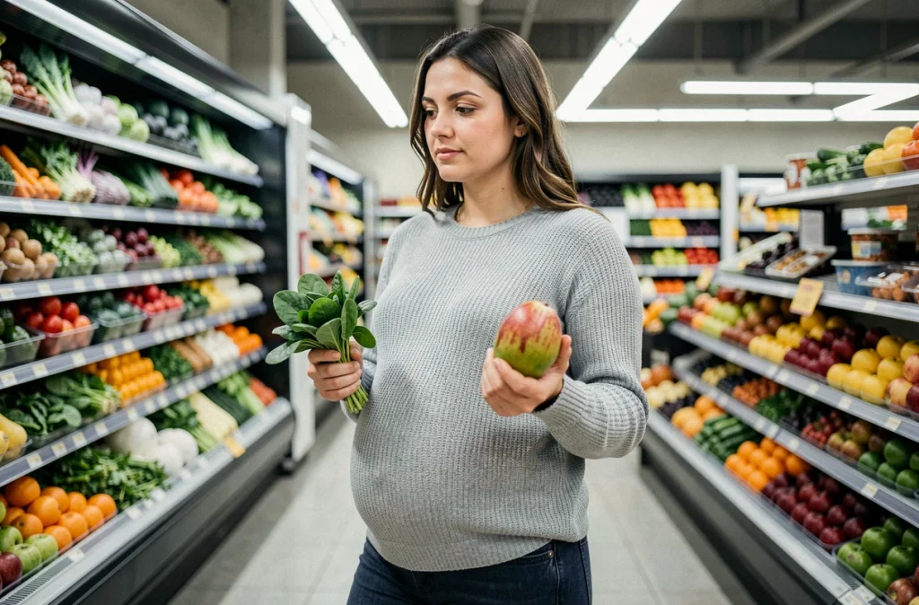 Femme enceinte choisissant des fruits et légumes frais au supermarché pour une alimentation équilibrée