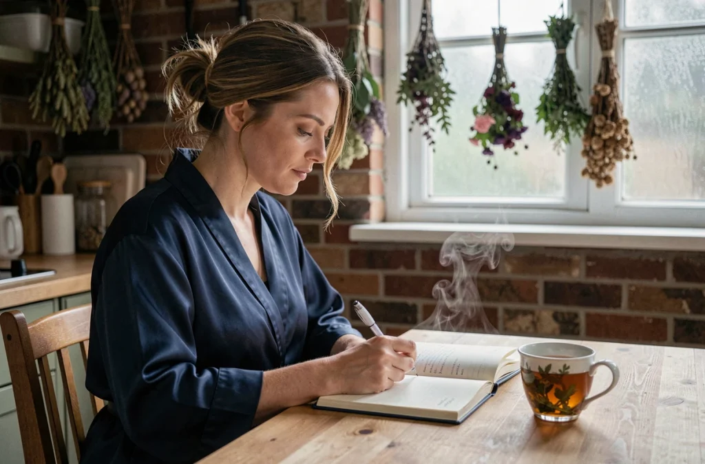 Femme enceinte qui écrit ses rêves dans un journal au matin, pratique de journaling en grossesse