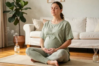 Femme enceinte en méditation sur un tapis de yoga dans un salon chaleureux pour gérer le stress pendant la grossesse