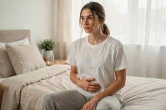Jeune femme enceinte du premier trimestre assise sur son lit, main posée sur le ventre, expression pensive et introspective dans une chambre lumineuse et apaisante